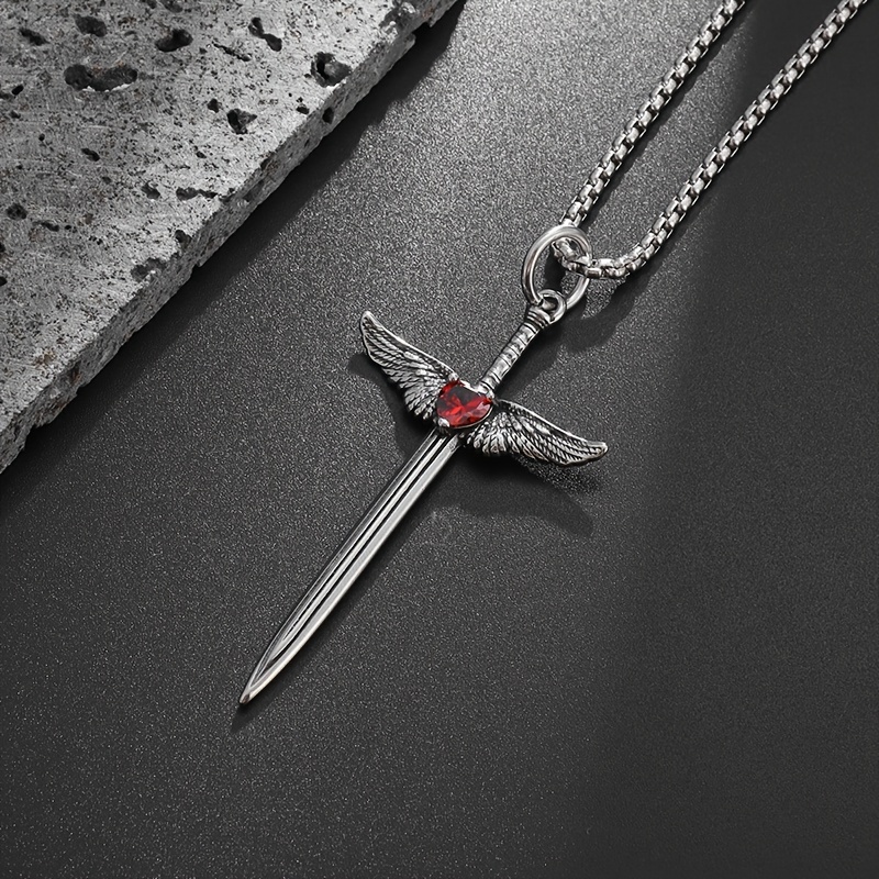 Vintage Red Cubic Zirconia Love Wings Sword Pendant Necklace