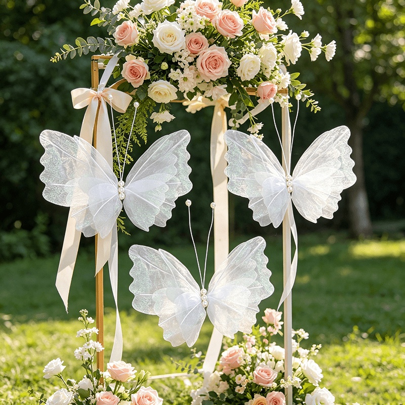 TEMU 3pcs Hangable Wedding Decorations, Laser Mesh Simulation Butterflies, Party Photo Props, Christmas Tree Ornaments, Suitable For Weddings,