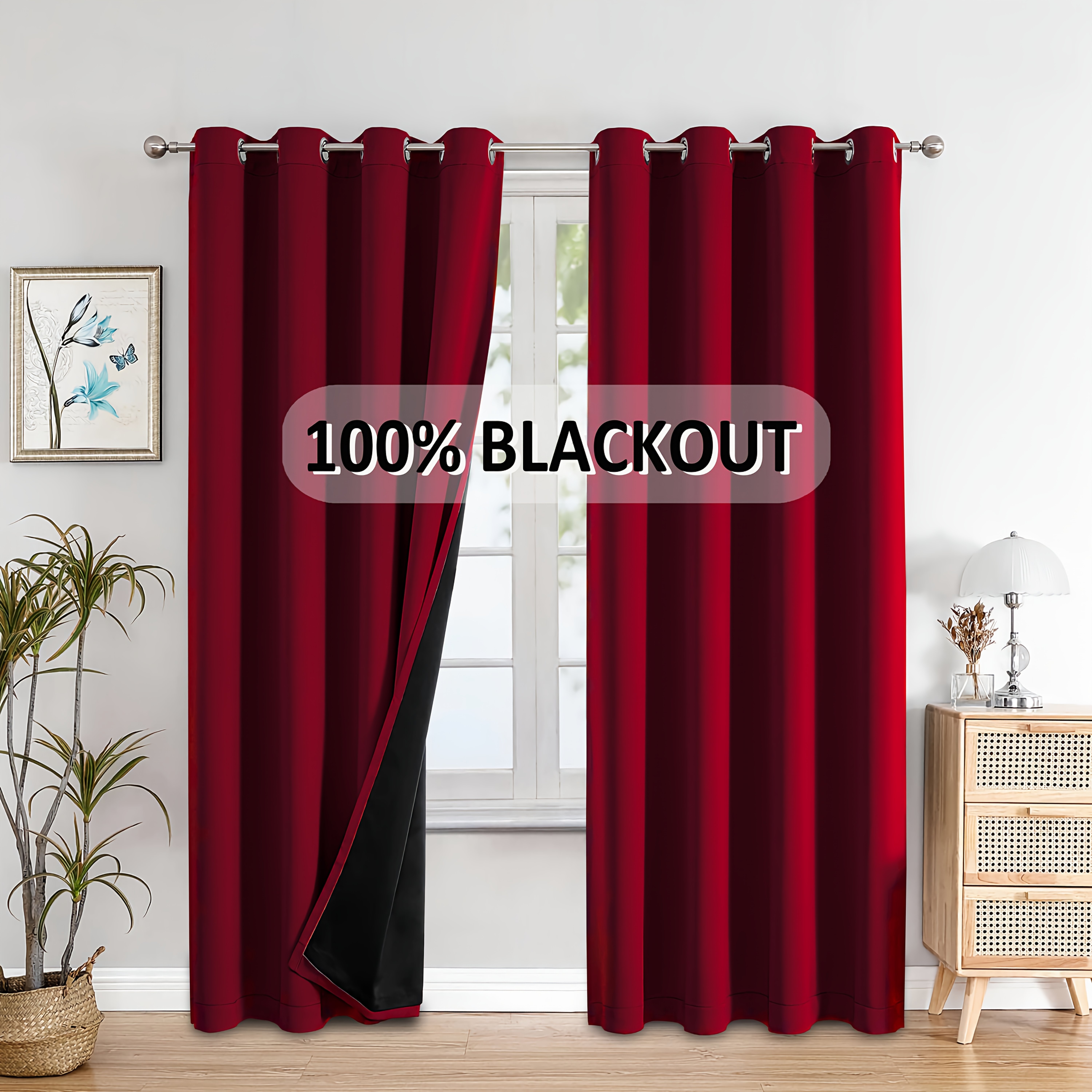 

100% Blackout Microfiber Curtains For Bedroom, Christmas Burgundy Sapphire Decorative Cutains, Sun Blocking And Noise Reducing Drapes, Room Darkening Window Curtains With Black Backing, 2 Panels