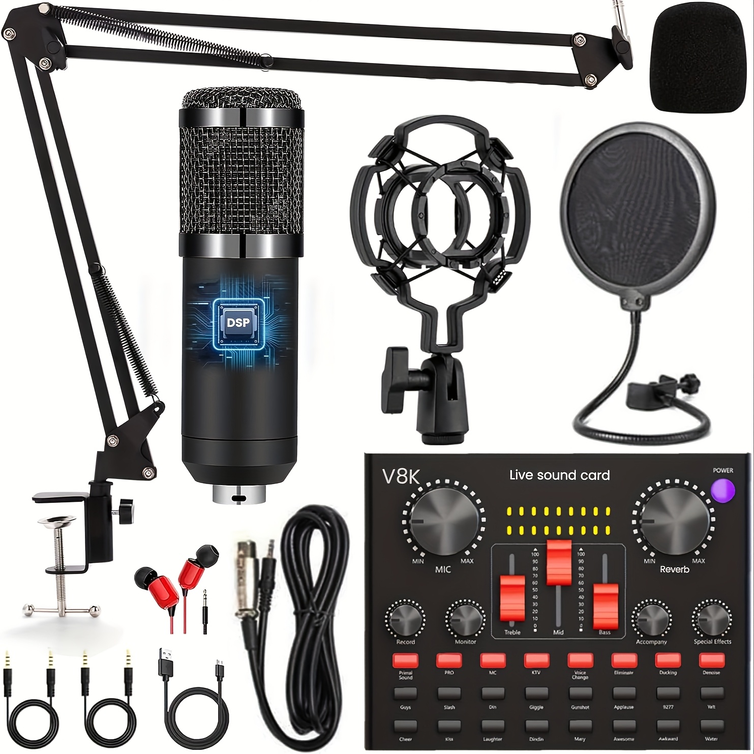 Podcast Equipment Set, Wired Microphone, BM800 Podcast Condenser Microphone And V8K Sound Card, Voice Changer-audio Interface - Suitable For Recording, Singing, Streaming Media And Games.