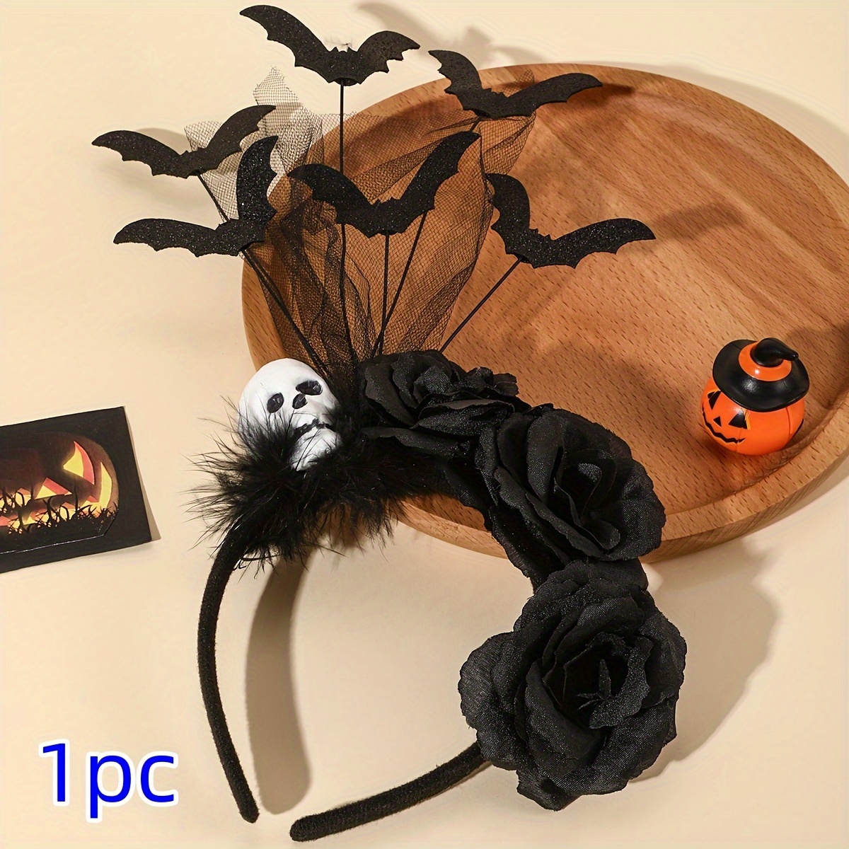 Image of 1pc, Halloween Headband Headbands, Skeleton Black Flower Bat Element, Rave Party Hair Accessories- Bat Wings Headband - Light Up Your Halloween