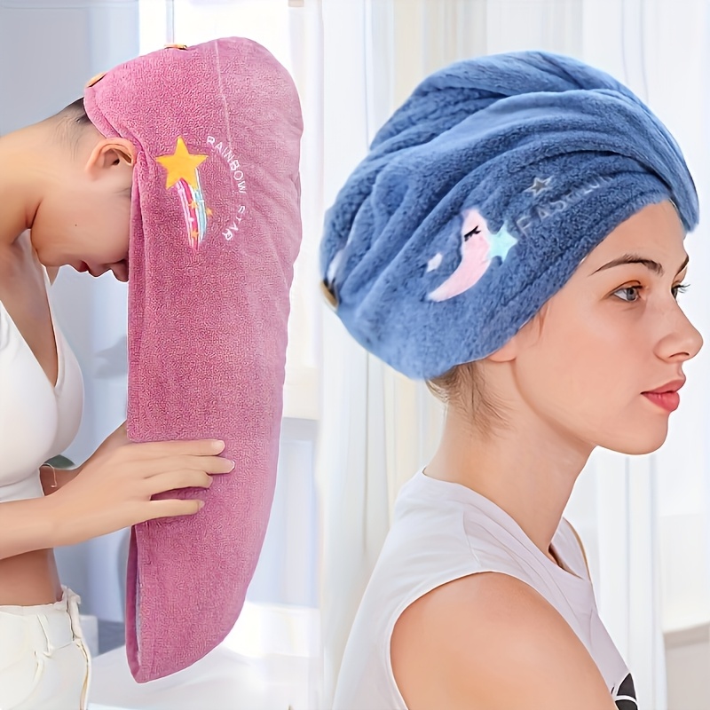 womens quick dry microfiber towel   in 3 colors   fleece high quality design absorbent shower cap featuring cute star and rainbow embroidery   drying wet hair microfiber towel