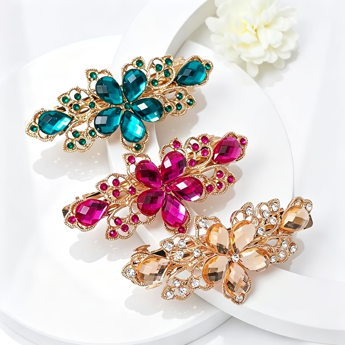 TEMU 3pcs Light Luxury Hair Clips, Vintage Rhinestone-embedded Back-of-head Updo Hairpins, Versatile Headwear For Daily Wear And Banquets