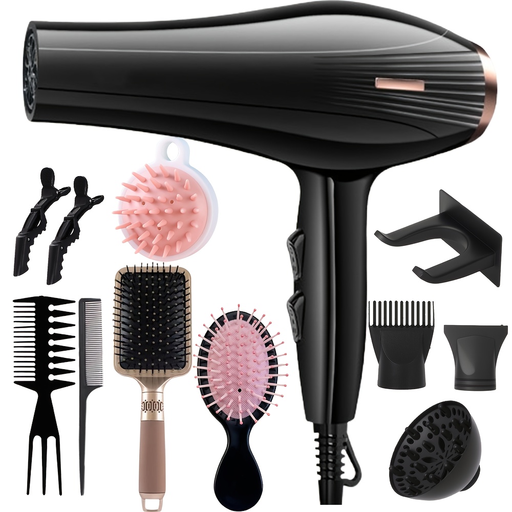 Image of Morfone 12pcs Hair Dryer Set In Black, 220v-240v, Plug Model Without Battery, With Accessories Such As Nozzle, Suitable For Hair Salon Or Home Use, And Suitable As A Gift.