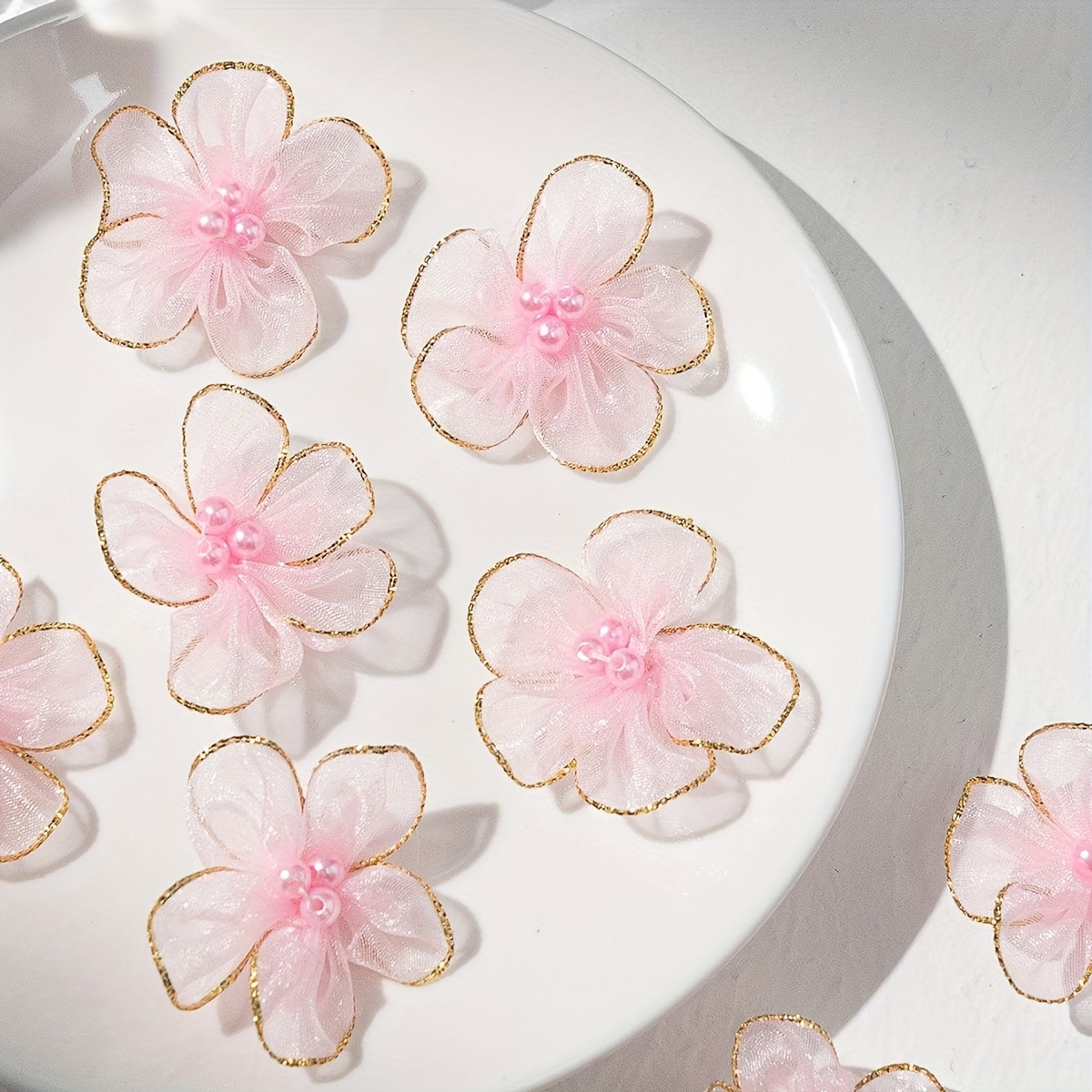 TEMU 30pcs Of Handmade Five-petal Pearl Flowers With Three-bead Snow Gauze Fabric Flowers For Beaded Floral Decorations, Clothing Additions, Hair