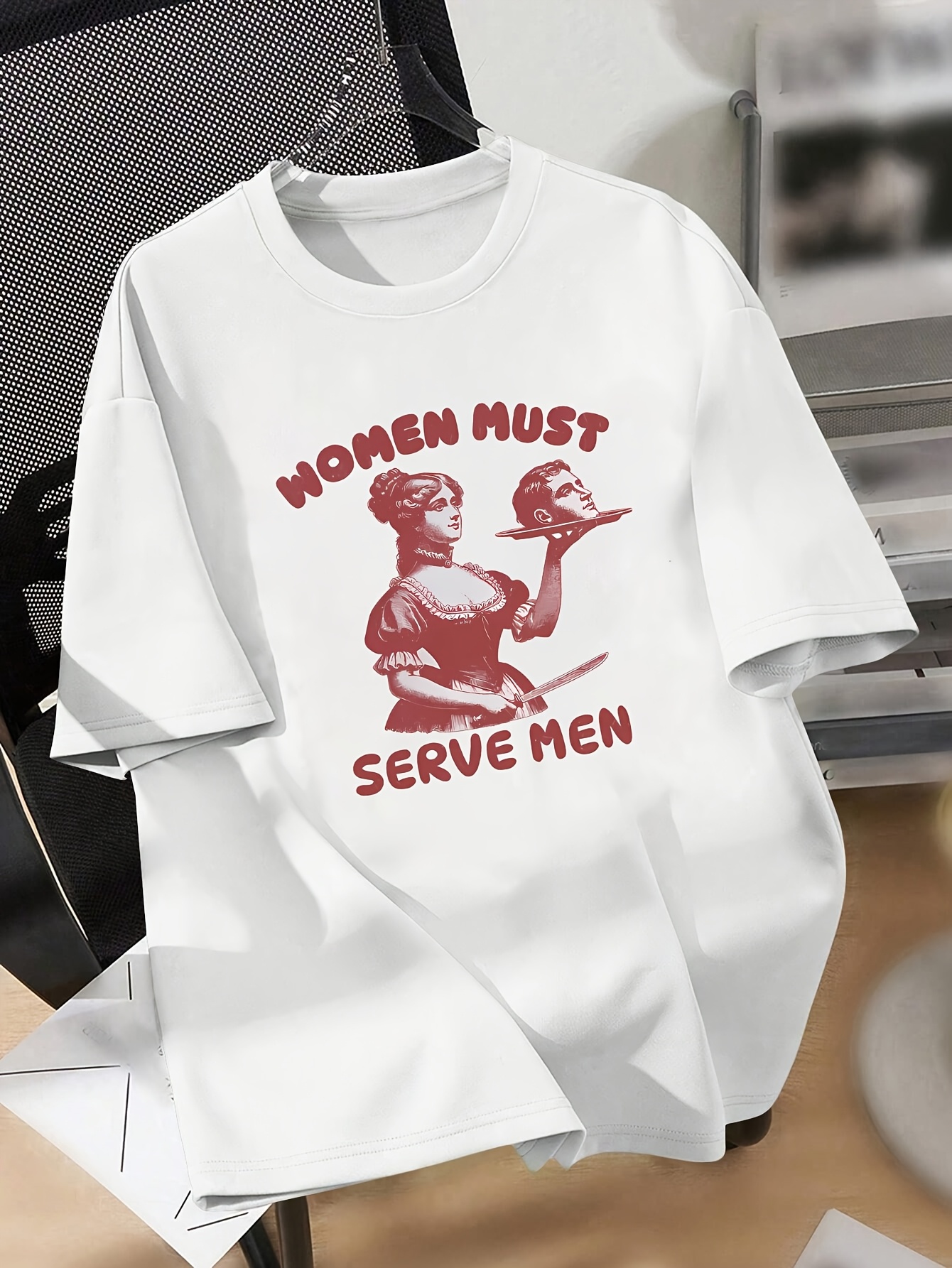 Women Must Serve Men with Satirical Letter Slogans, Printed Short Sleeved T-shirts, Crew Collar Casual Tops for Summer and Spring, Women's Clothing