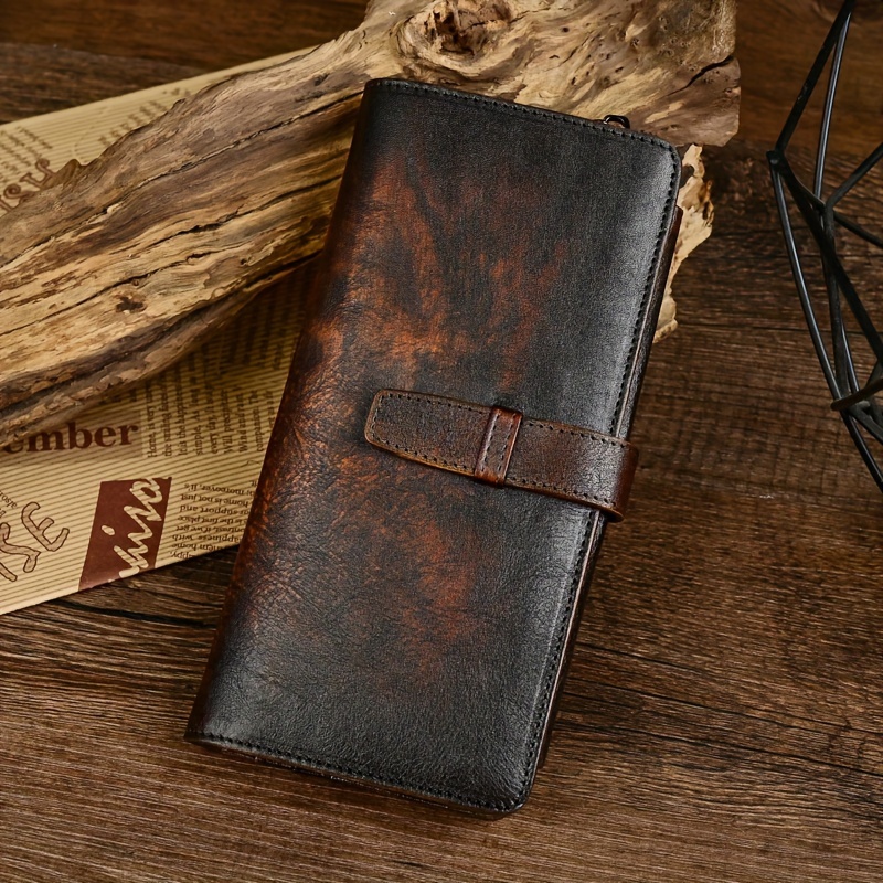 

2024 Leather Men': Distressed Long Wallet With Multiple Card Slots And Snap Button Closure