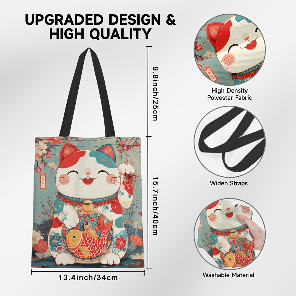 TEMU 1 sac à main avec motif Maneki Neko, sac de courses spacieux - Léger, en polyester, parfait pour d'anniversaire et les événements spéciaux