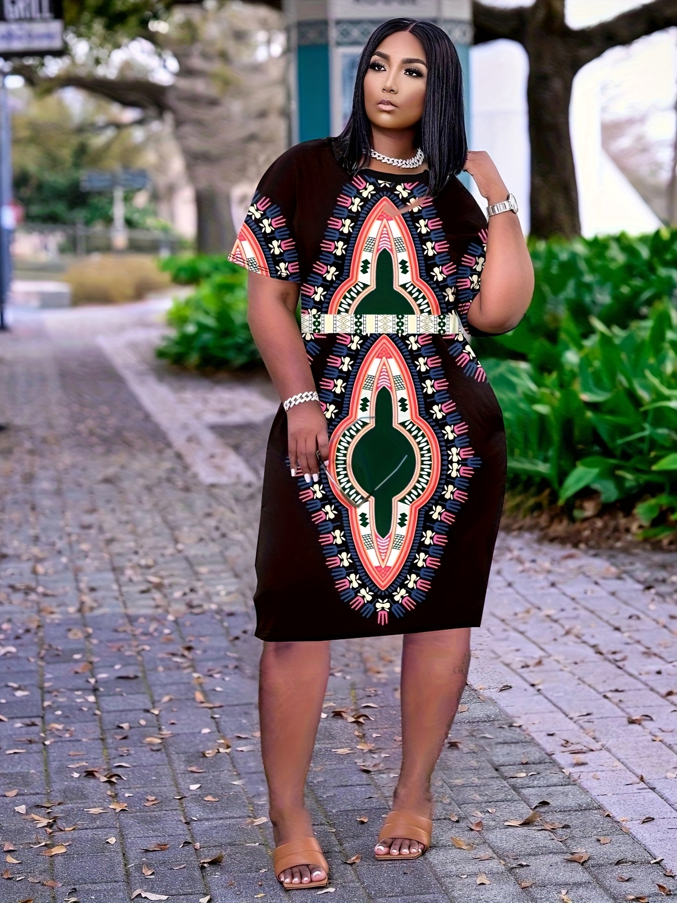 Plus Size Women's African Tribal Print Dress Vibrant Geometric Pattern  Short Sleeve Midi Dress with Round Neck, Stretchy Machine-Washable Fabric  for