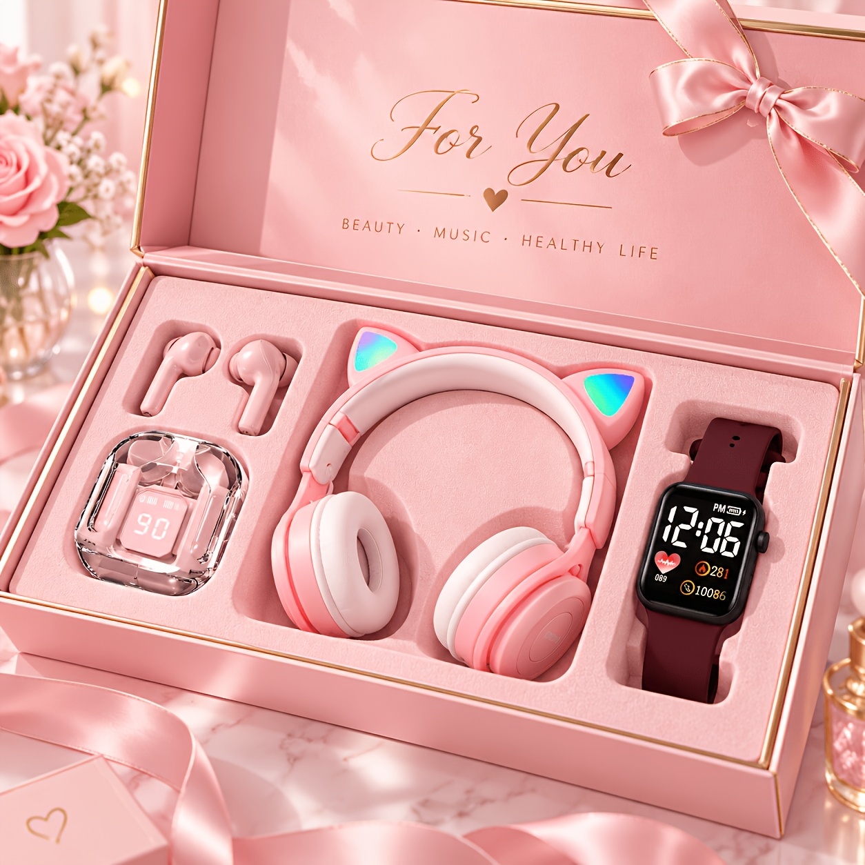 TEMU New 3pcs Set: Led Cat Ear Headphones And Smart Watch, Wireless Microphone Headset, Soft Ear Pads, Heavy -fit Ear Cups, Compatible With Tablets