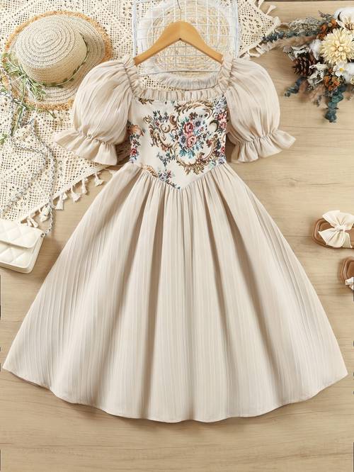 summer dress square neck puff sleeve long dress random floral irregular pattern