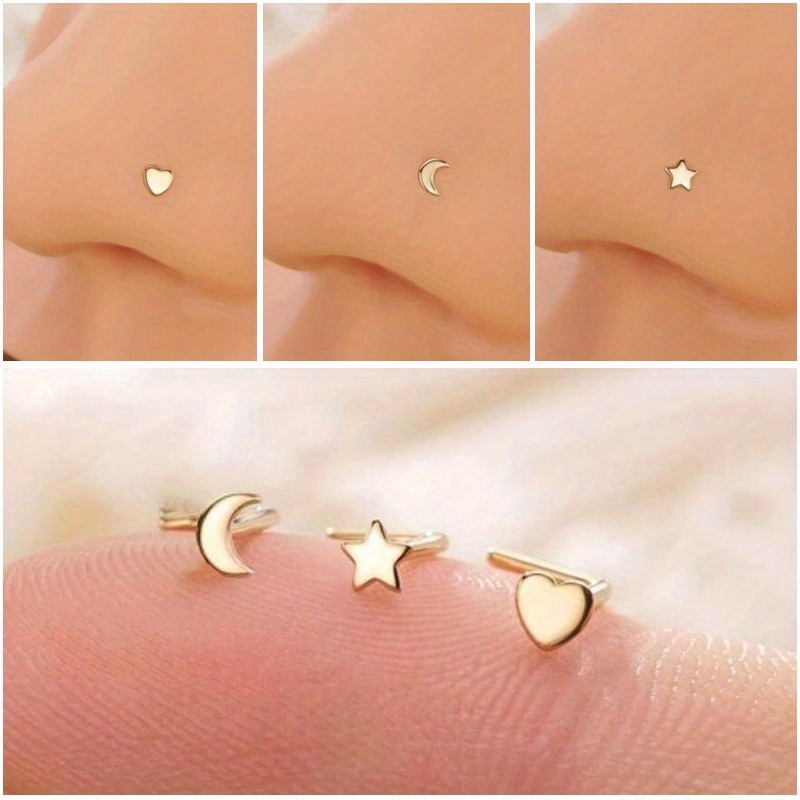 TEMU 3pcs Set Senlansp Low-allergy Stainless Steel Nose Ring Jewelry - Hypoallergenic - (heart, Star, Moon) Nose Piercing For Sensitive Nose, Boho &