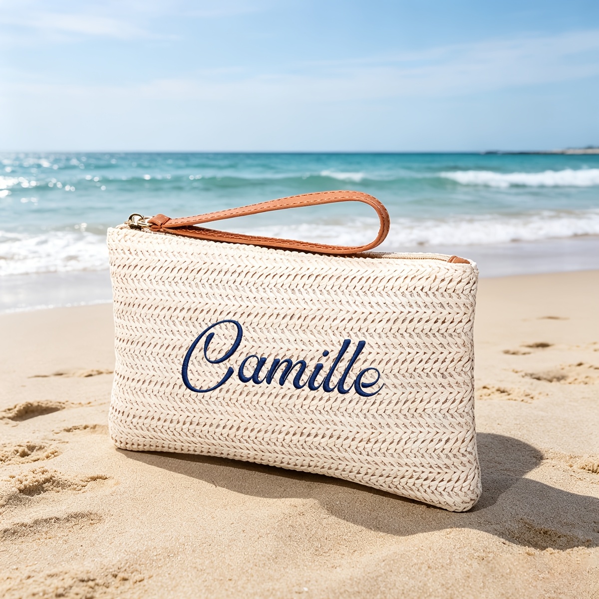 TEMU Borsa a personalizzata ricamata in paglia, pochette personalizzata con cerniera, cinturino da polso e cerniera - Personalizzazione con , borsa