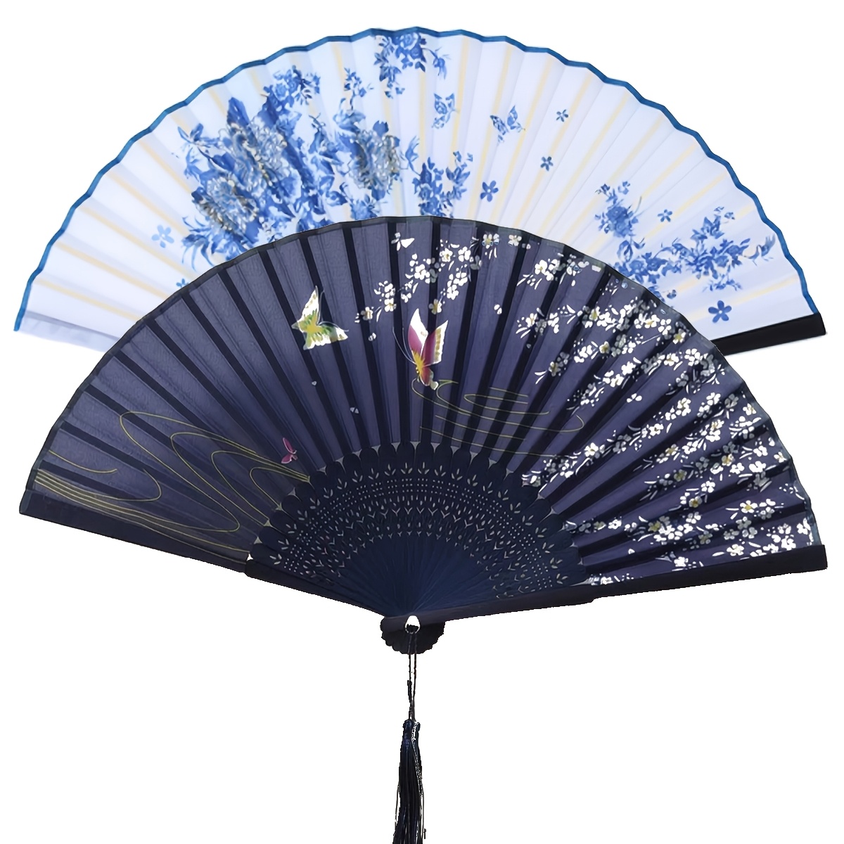TEMU 2pcs Chinese Handheld Folding Fans With Bamboo Stems In White And Blue. Ideal For Decoration At Dances, Role-playing Events, Weddings, And