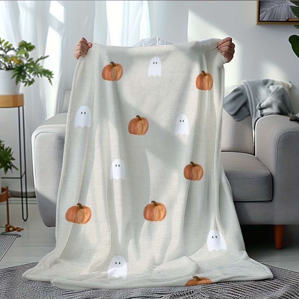 TEMU 1pc, Plush Toy & Blanket Sets, Flannel Blanket, Soft And Comfortable With Pumpkin Print, Easy To Care For, Light Beige Background, Creative
