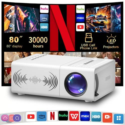 Projector Supporting 1080P Resolution, Local 240P, Built-in Speakers, Quick Focusing, Automatic Correction, 180-degree Rotation, USB and Memory Card , Suitable for Bedroom and Offices
