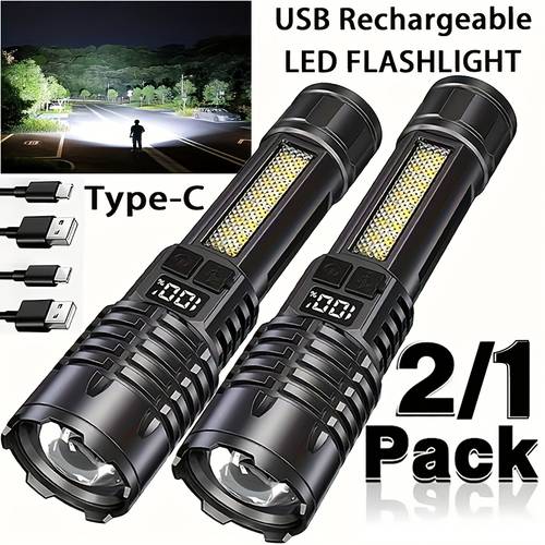 2 1 pack rechargeable flashlights high flash light 5 linternas with lcd powerful handheld led flashlights for emergencies camping fishing hiking made of abs material bright outdoor lamp