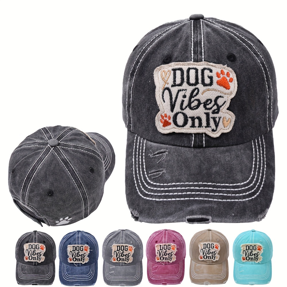 

Cotton Embroidered Baseball Cap, Adjustable Vintage Washed Distressed Hat, Breathable Unisex Sunshade For Outdoor Fashion, Dog Patch Design, Hand Washable - Ideal For New Year & Valentine's Presents