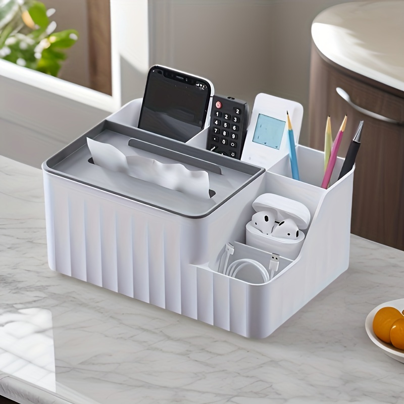 

Multi-functional Desk Organizer With Tissue Holder - Wet Wipe Caddy, Cosmetic Organizer, Remote & Headphone Stand For Bedroom, Office & Living Room Storage