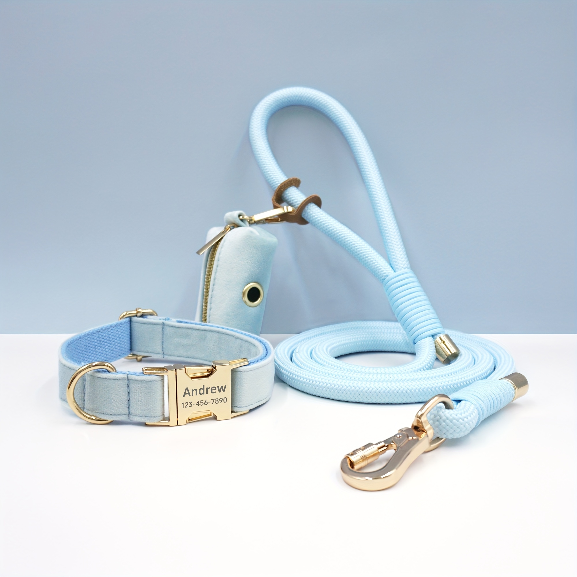 Customizable Soft and Comfortable Velvet Pet Dog Collar with High-Tensile Zinc Alloy Hook Buckle, Hand-Woven Round Rope Waste Bag Set. Free Laser Engraving of Pet Dog's Name and Owner's Phone Number. Dog Birthday Gift, Wedding Gift, Christmas Gift