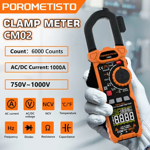 cm02 ac digital clamp meter ncv multimeter 6000 amp voltage tester auto ranging with measuring voltage current continuity test rms with test leads clips without battery