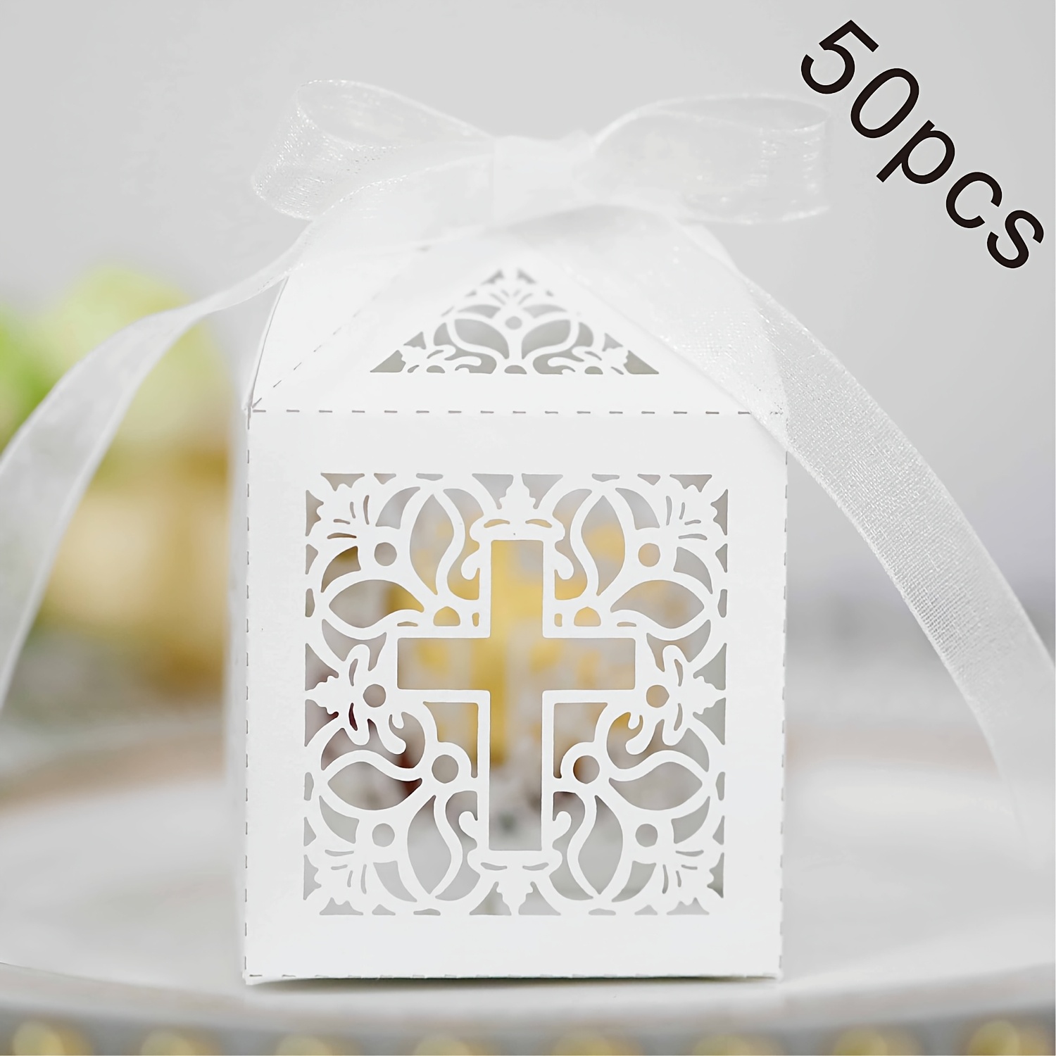 Image of 50pcs Hollow Rectangular Cross Candy Boxes Chocolate Gift Boxes Laser Cut Wedding Candy Boxes For Wedding Favors Birthday Parties Bridal Gifts With Ribbon (50-pack )
