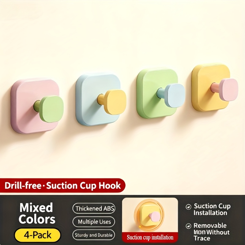 Image of 4pcs Dopamine Strong Adhesive Hooks - Suction Cup Hooks, Over-the-door Coat Hangers, Bathroom Wall Storage, Fits European Family Bathrooms/bedrooms, European Home Aesthetic Goodie
