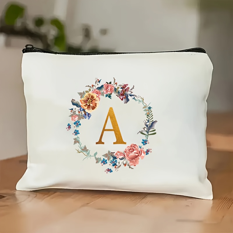 TEMU 1 Sac de Cosmétique minimaliste avec lettres florales - Pochette en polyester avec fermeture éclair, sac de voyage léger pour hommes et femmes -