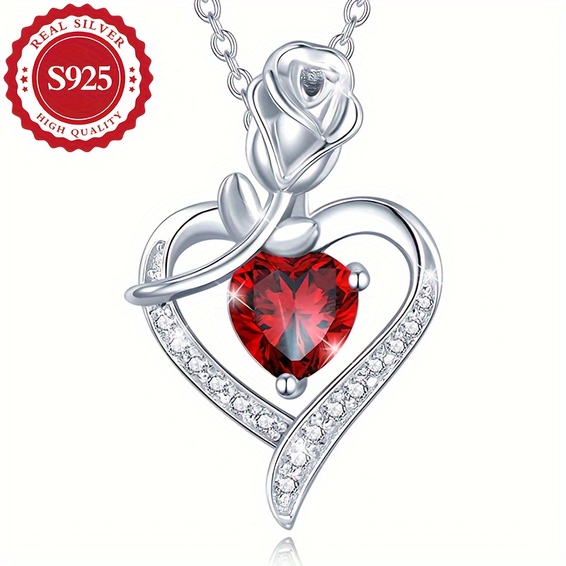 

Luxury 925 Sterling Silver Heart Pendant Necklace With Rose Detail And Red Cubic Zirconia - Elegant Urban Fashion Jewelry For Women, Ideal For Gifts And Weddings [3.2g]