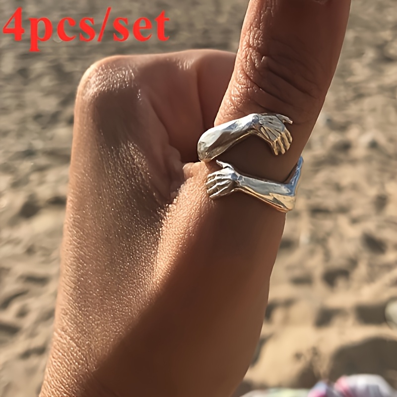 TEMU 4 Affordable S925 925 Silver Rings, Suitable For Men And Women, Cute Hand Holding Rings, Hip-hop Couple Rings, Easter And Halloween Christmas