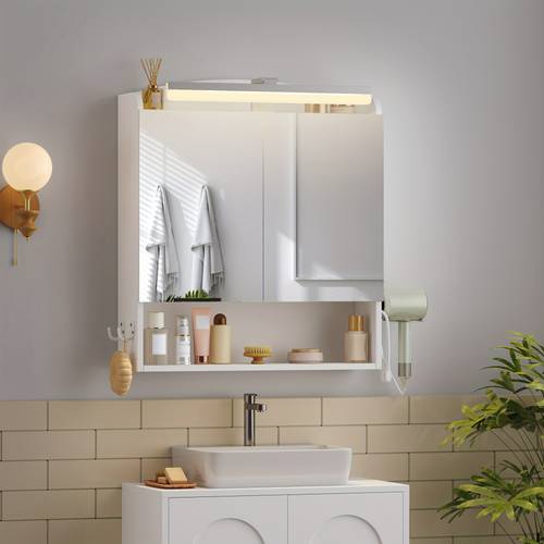 item picture mirror cabinet for the bathroom featuring a wall mounted design hairdryer holder hooks and adjustable shelves in white measuring 16 5 x 60 x 68 5 cm