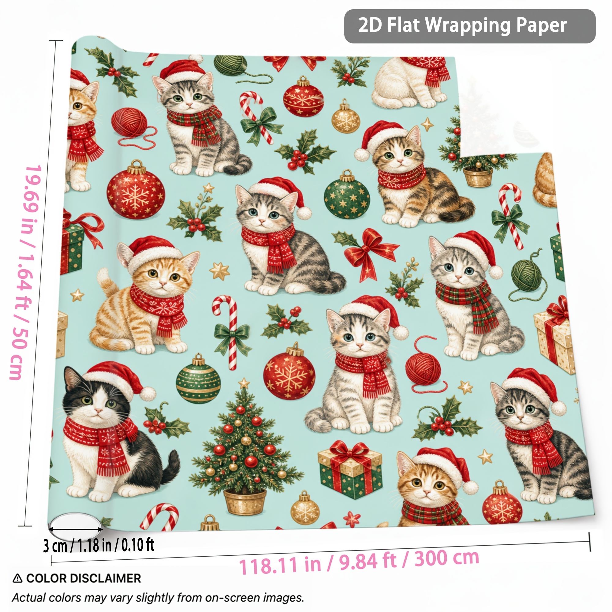 TEMU 1 Rouleau de de Noël Chat 1,64ft X 9,84ft Fond Vert Motif Chaton avec Bonnet de Père Noël et Écharpe pour Emballage Cadeau de Fêtes de Noël,