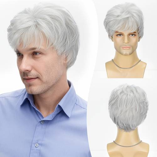 1pc elegant mens white short straight layered synthetic wig heat resistant fiber cap 100 density halloween costume