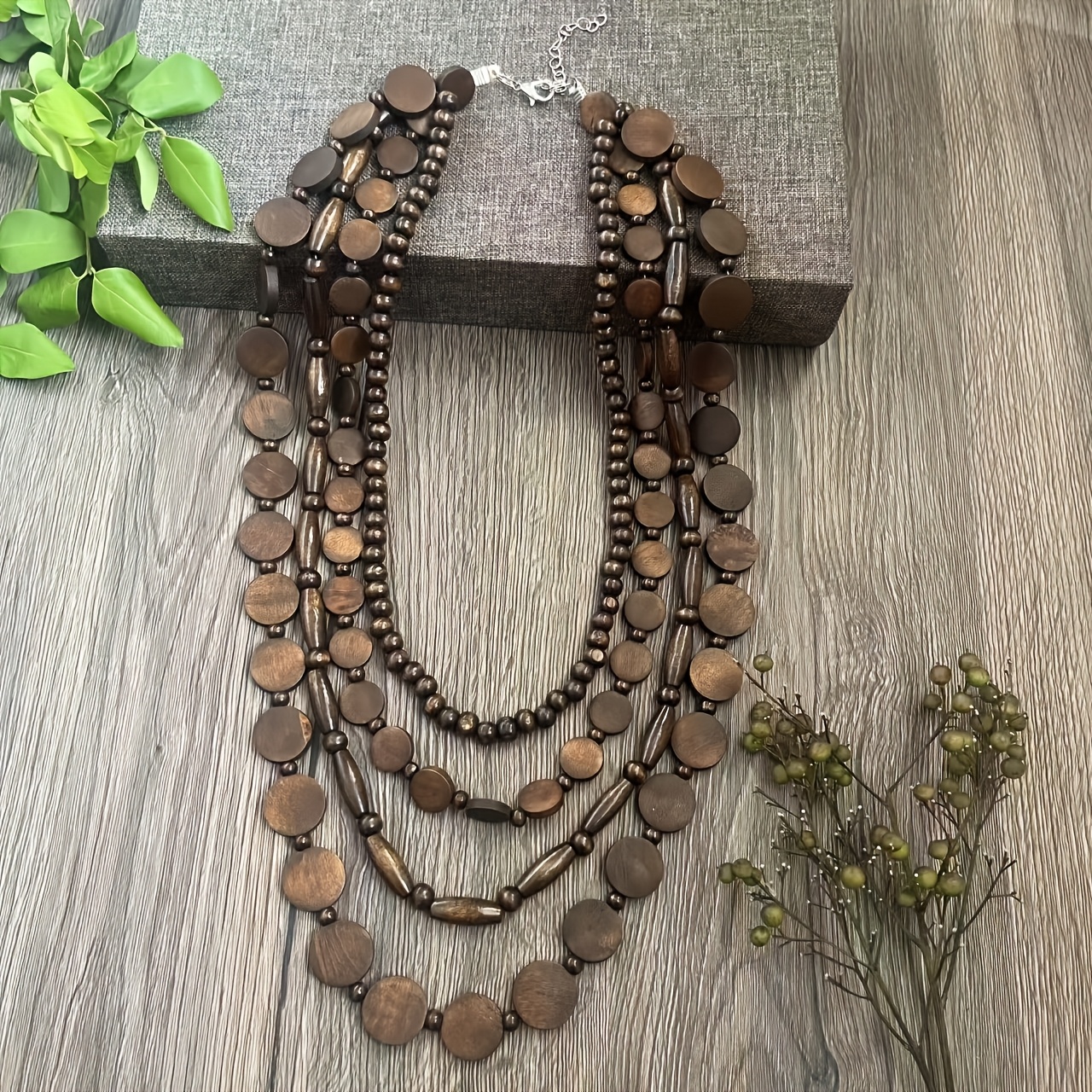 Image of Vintage Wooden Round Bead Handmade Beaded Long Necklace, Women' Sweater Chain