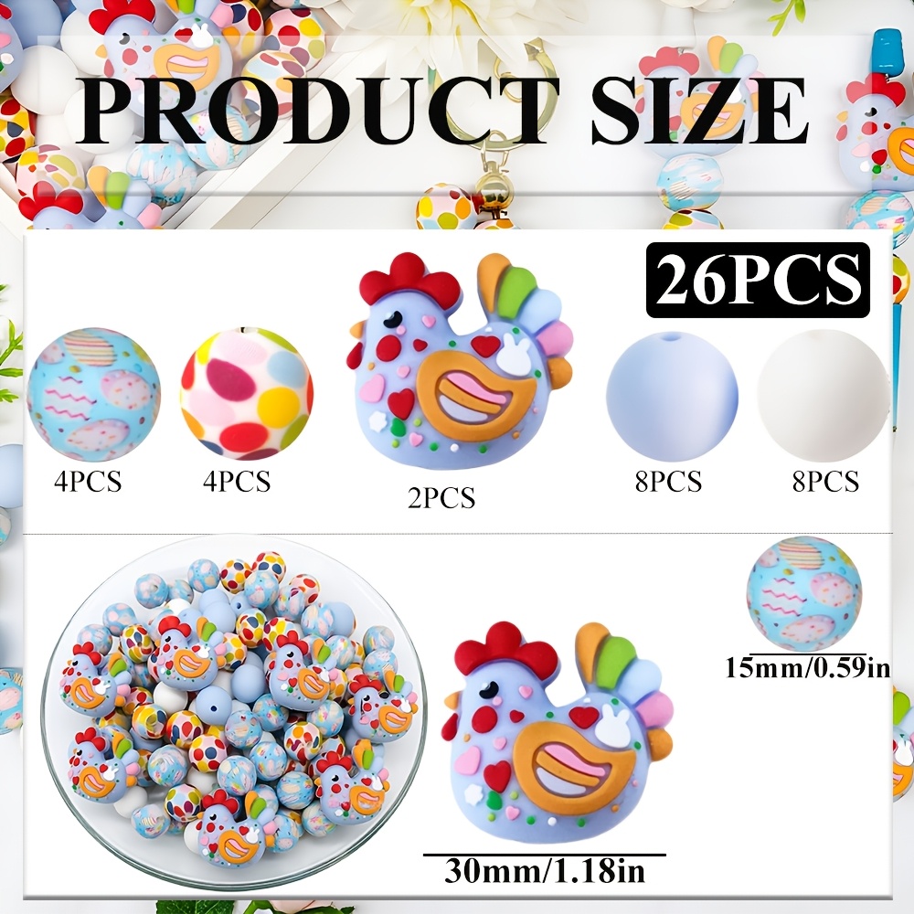 TEMU 26pcs Animal Silicone Beads - 3 Chicken & Cute Animal Charms, Suitable For Diy Crafts, Pen Decorations, Making,, Hair With Chicken-shaped Beads