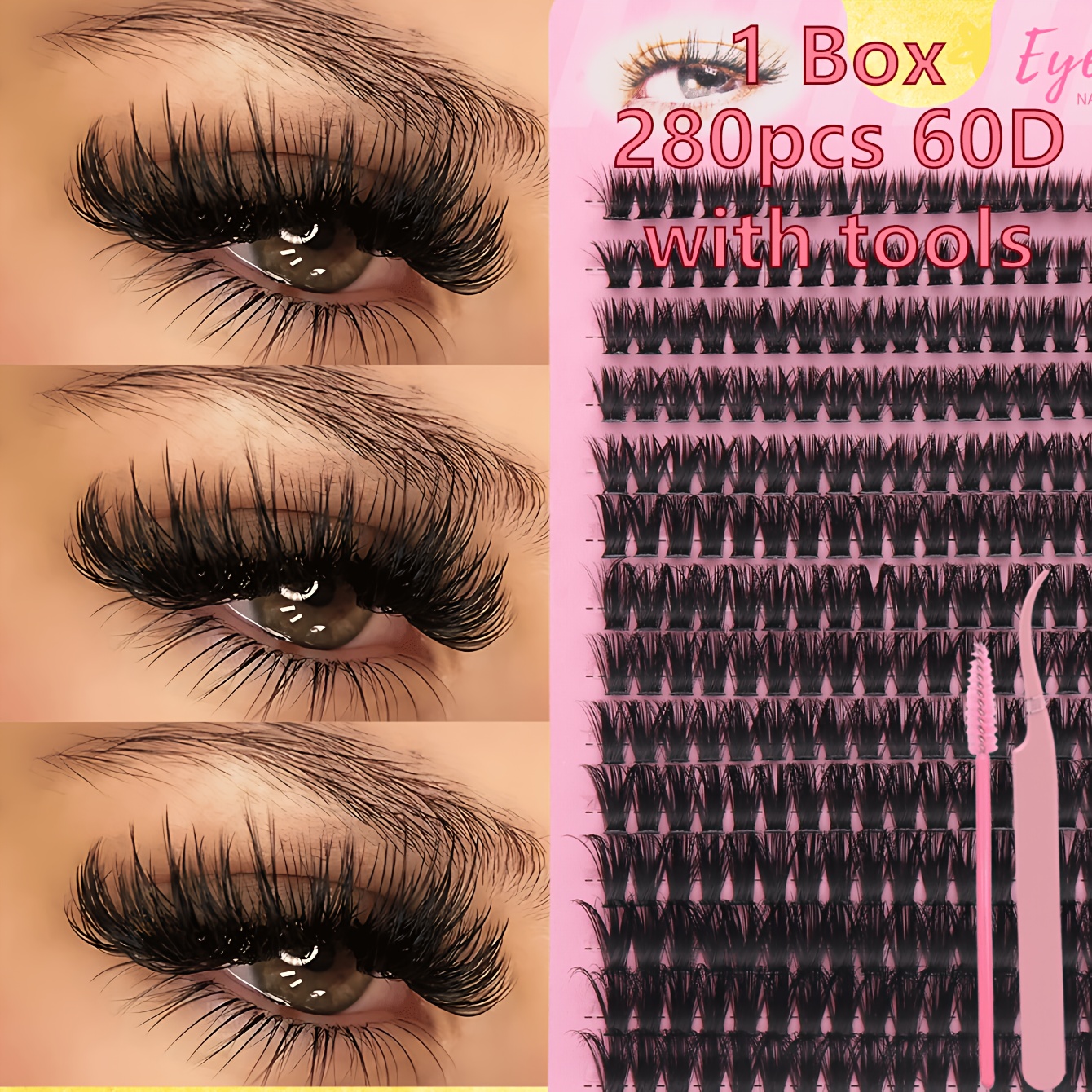 TEMU 280pcs Extensions de cils et volumineux, longueurs mixtes 60D, kit de cils en grappes prédécoupés avec pince à épiler et brosse à cils, facile à