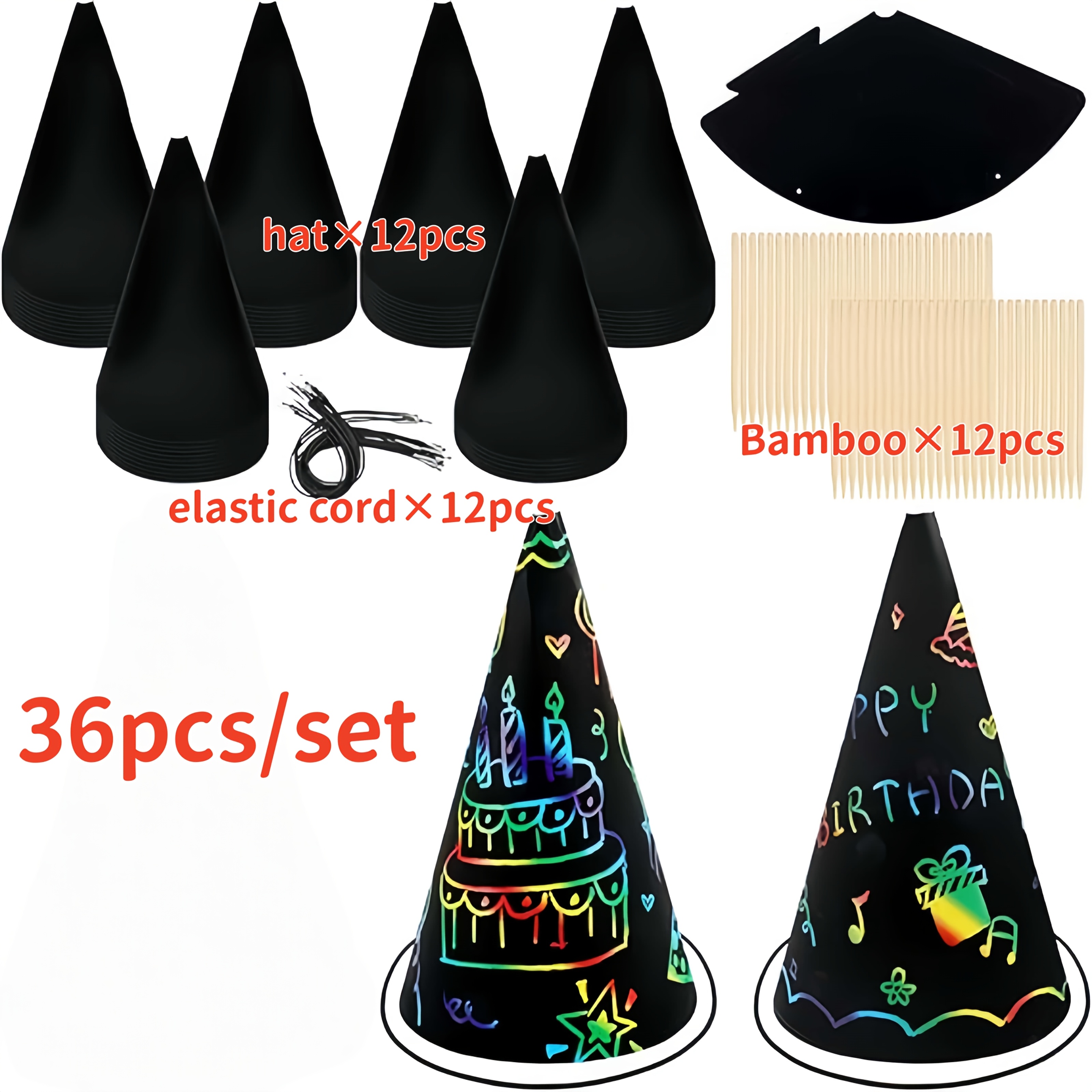 TEMU Une collection de 36 accessoires pour cabine photo de fête, comprenant un ensemble de chapeaux de fête à gratter : Chapeaux coniques équipés