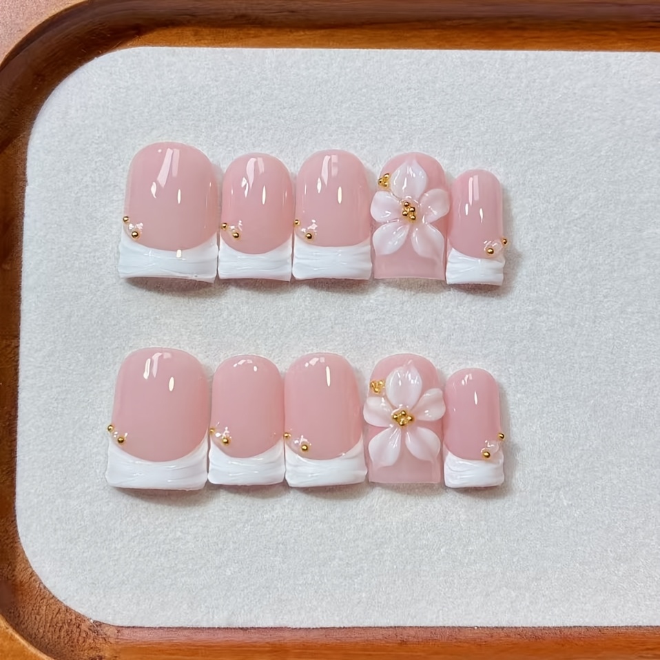 Image of 10pcs Handmade Reusable Press On Nails, European Short Square Nails With Wavy Drip Glue French Tip, Hand-carved Floral Nude Fake Nails For Daily, Wedding And Dating