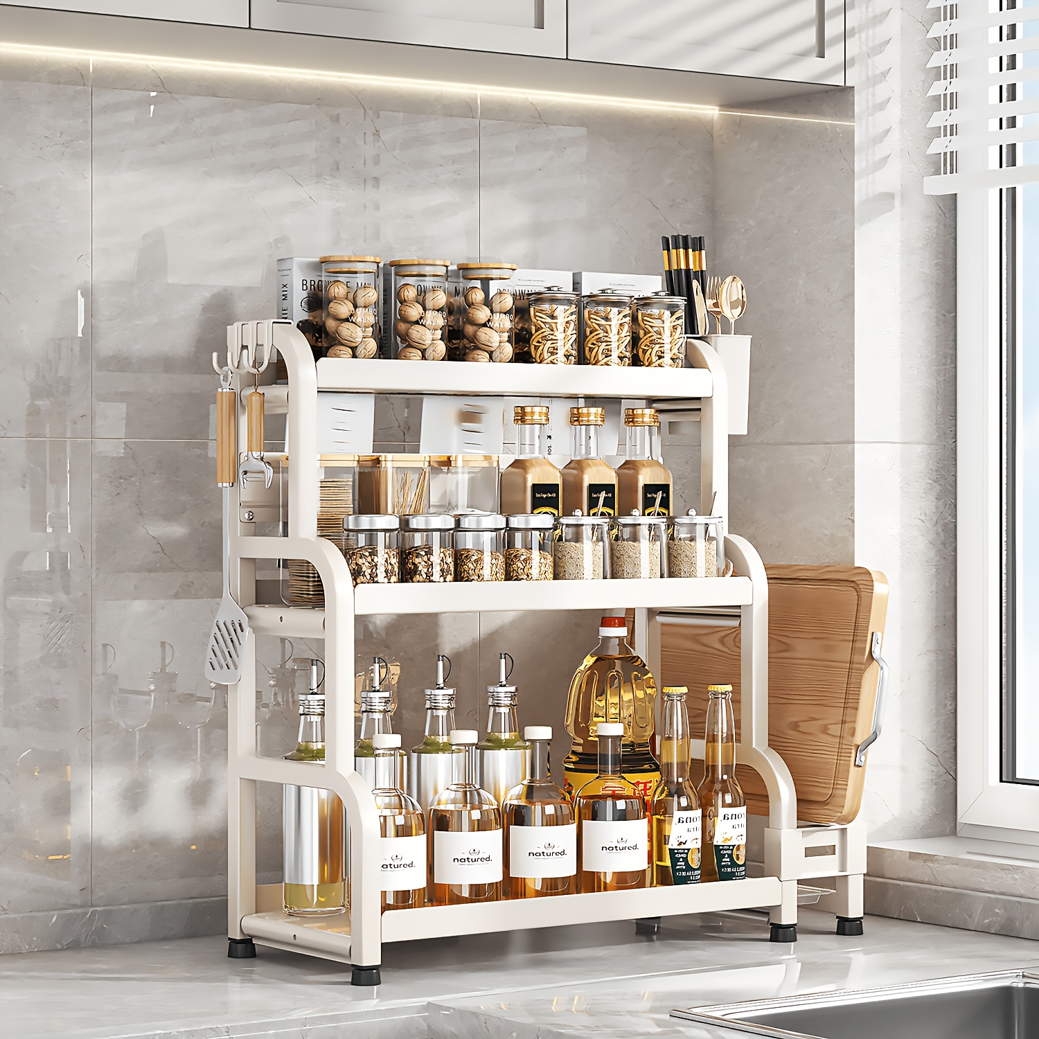 TEMU 3-tier Vertical Spice Rack, Large-capacity Spice Jar Kitchen Storage Rack, Golden Countertop Storage Rack, With Cutlery Rack, 6 Hooks, Milky