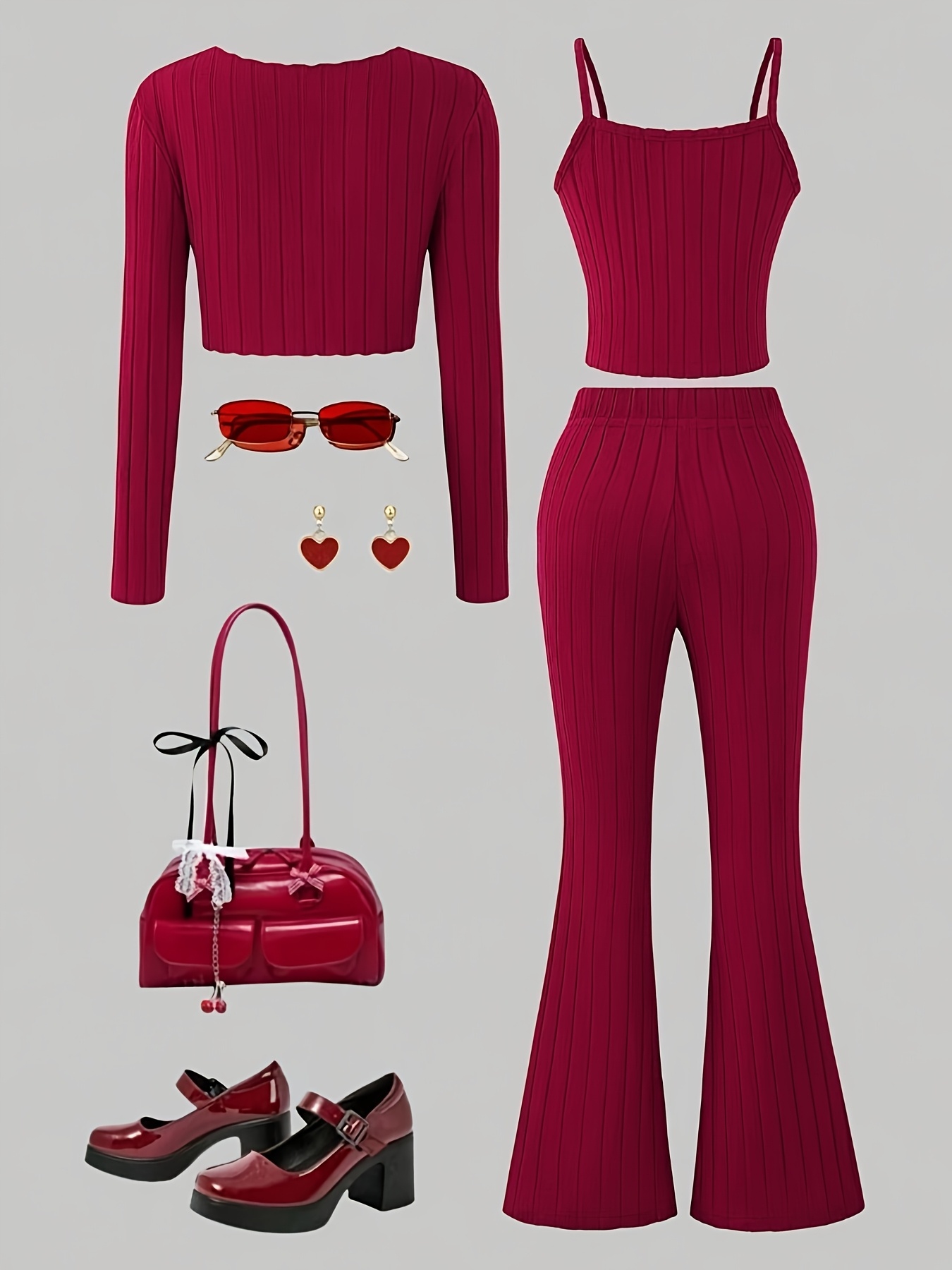 Girls' 3Pcss Imitation Pearl Bow Pullover Top, Camisole & Flared Pants Set