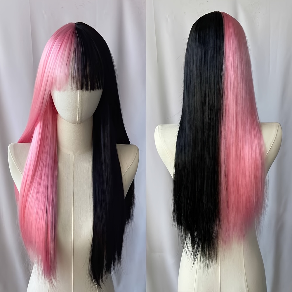 Image of Color Block Full Wig Button Net Bangs Long Straight Hair Daily Wear Party Gathering Music Festival Carnival Halloween Wig