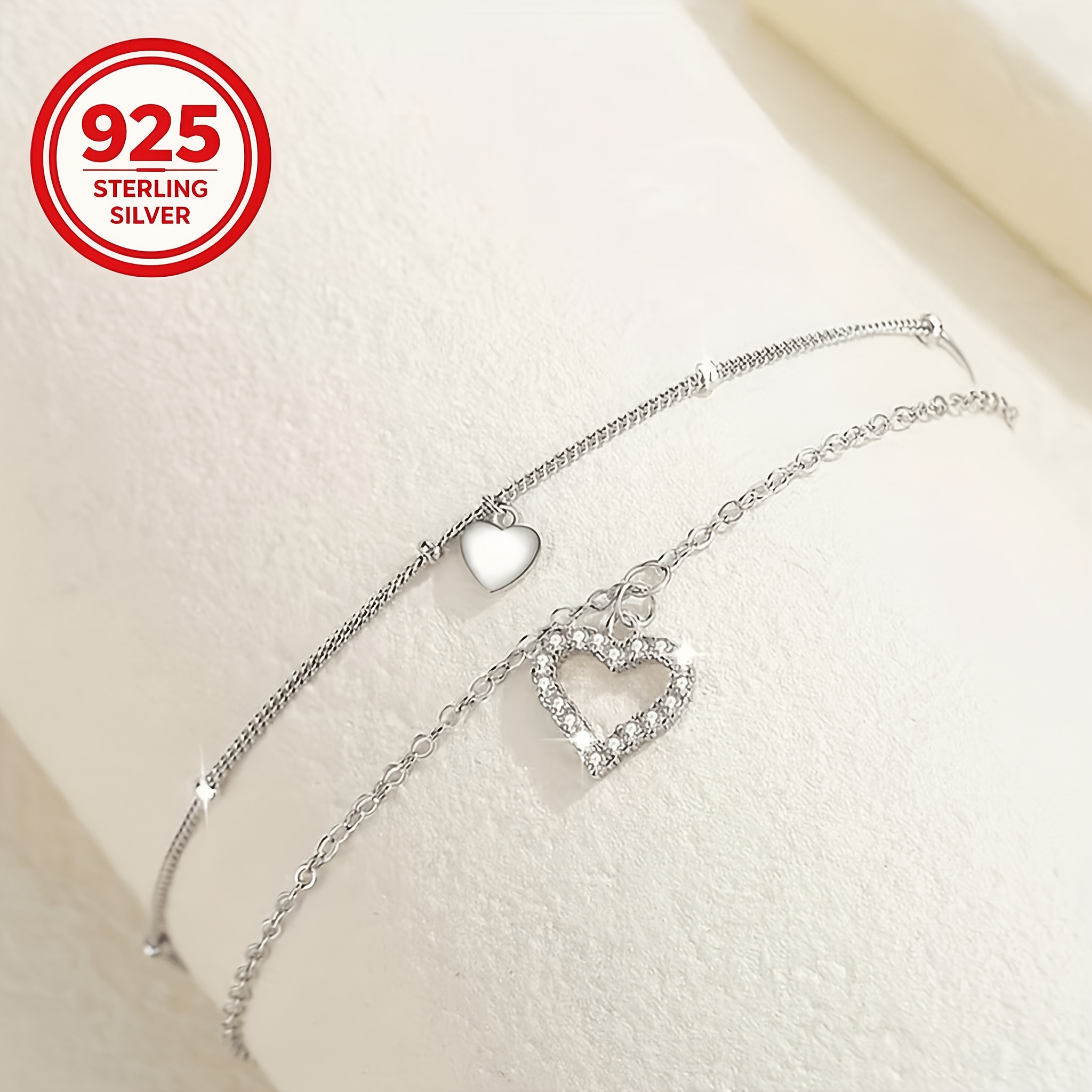 Women's Double-Layer Hollow-Out Heart Anklet, S925 Silver
