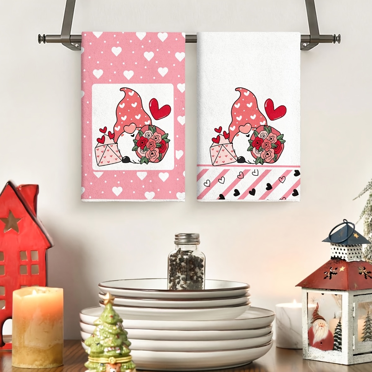 

2-pack Modern Valentine's Day Kitchen Towels, Heart And Gnomes Design, Ultra Fine Knit Polyester, Machine Washable, Cartoon Themed Oblong Hand Towels For Home Decor