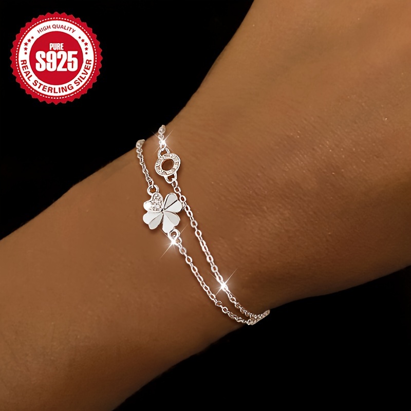 

A Women's Clover Ring Bracelet, 925 Silver, Double Layer Bracelet Premium, Business Casual, Suitable For Daily Commuting, Suitable For To Girlfriend On Thanksgiving, Hypoallergenic 3.49g