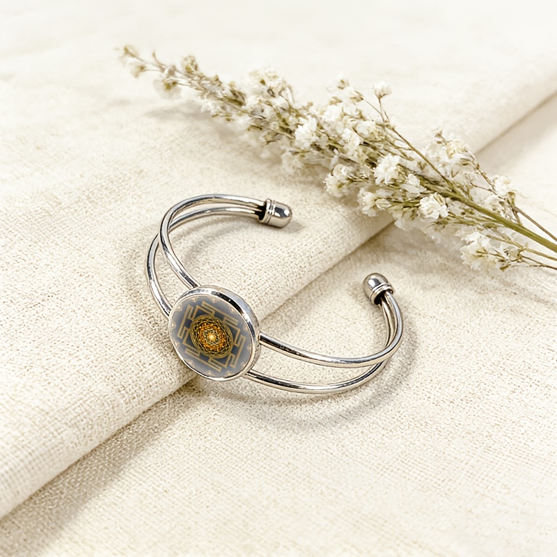 Women's Adjustable Open Bangle Bracelet with Gemstone Inlay