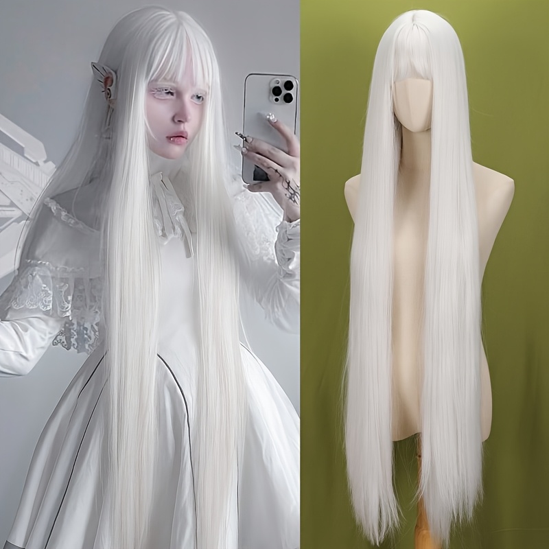 TEMU 1 Meter Long Women's Wig Suitable For - White Straight Hair With Bangs, Full Wig For Volume & Seamless Blending | Breathable Comfortable