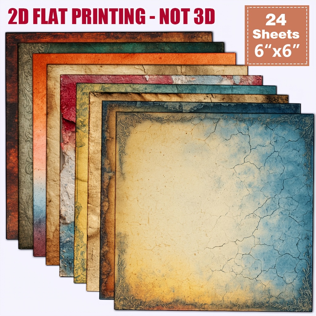 TEMU 24 Sheets Of 6x6 Inch Vintage Weathered Crackle Gradient Watercolor Material Paper, Distressed Edges With Carved Floral Borders, Solid Color