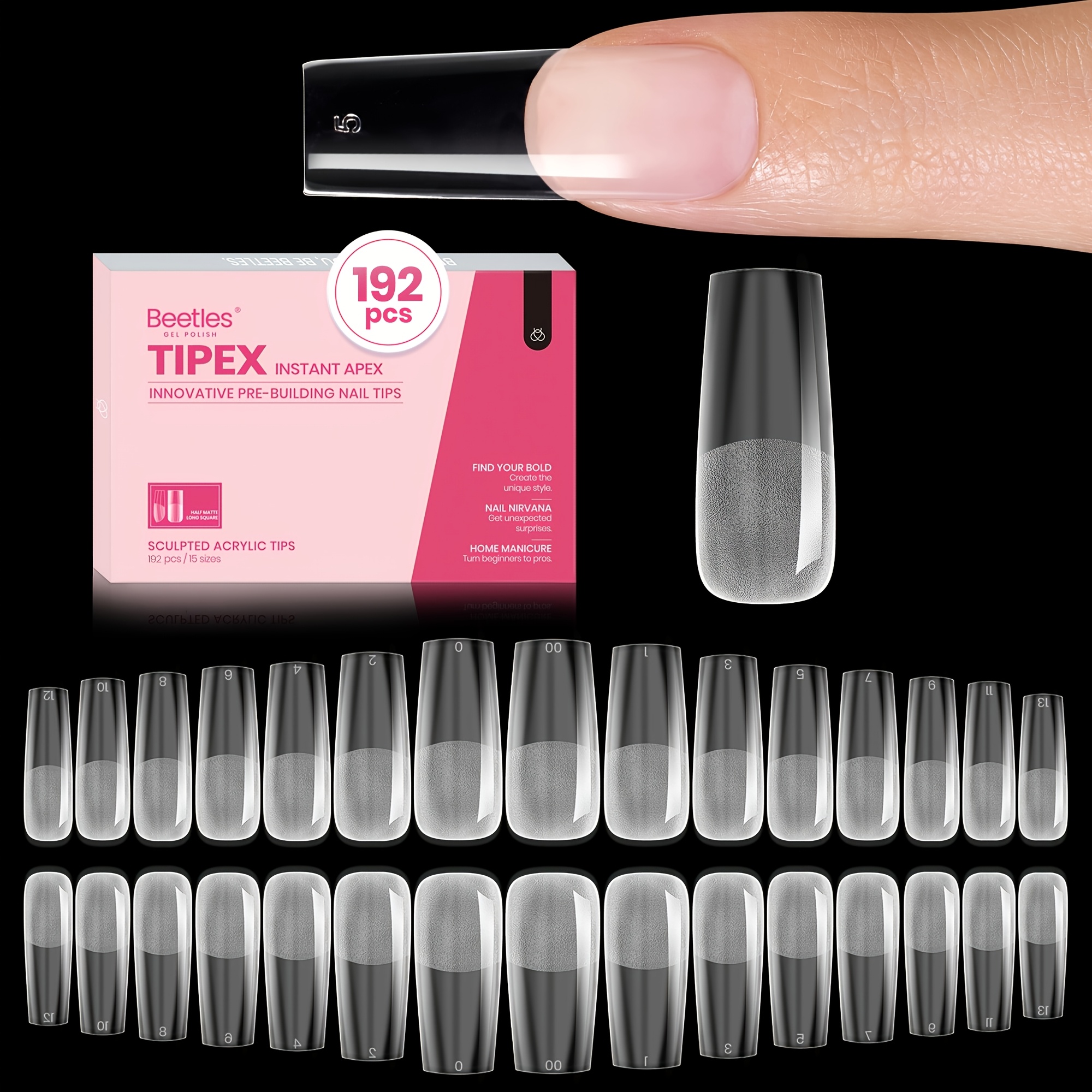 TEMU Beetles Nail Tips, 192pcs Pre-building & Pre- Gel Nail Tips Long Square Thicker Acrylic Nails Strong Full Cover False Nail Extension Building -on Nails For Flat Nails