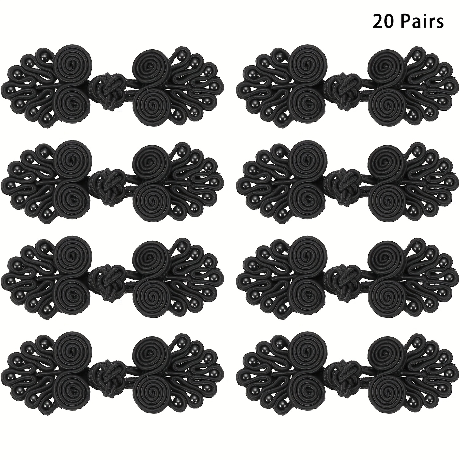 E-shop 20 Paar Vintage Nylon Knotenverschluss-Knöpfe, Schwarze Nähknöpfe - Bunte Chinesische Stil Verschlüsse für Cheongsam, Mäntel & DIY-Nähprojekte,