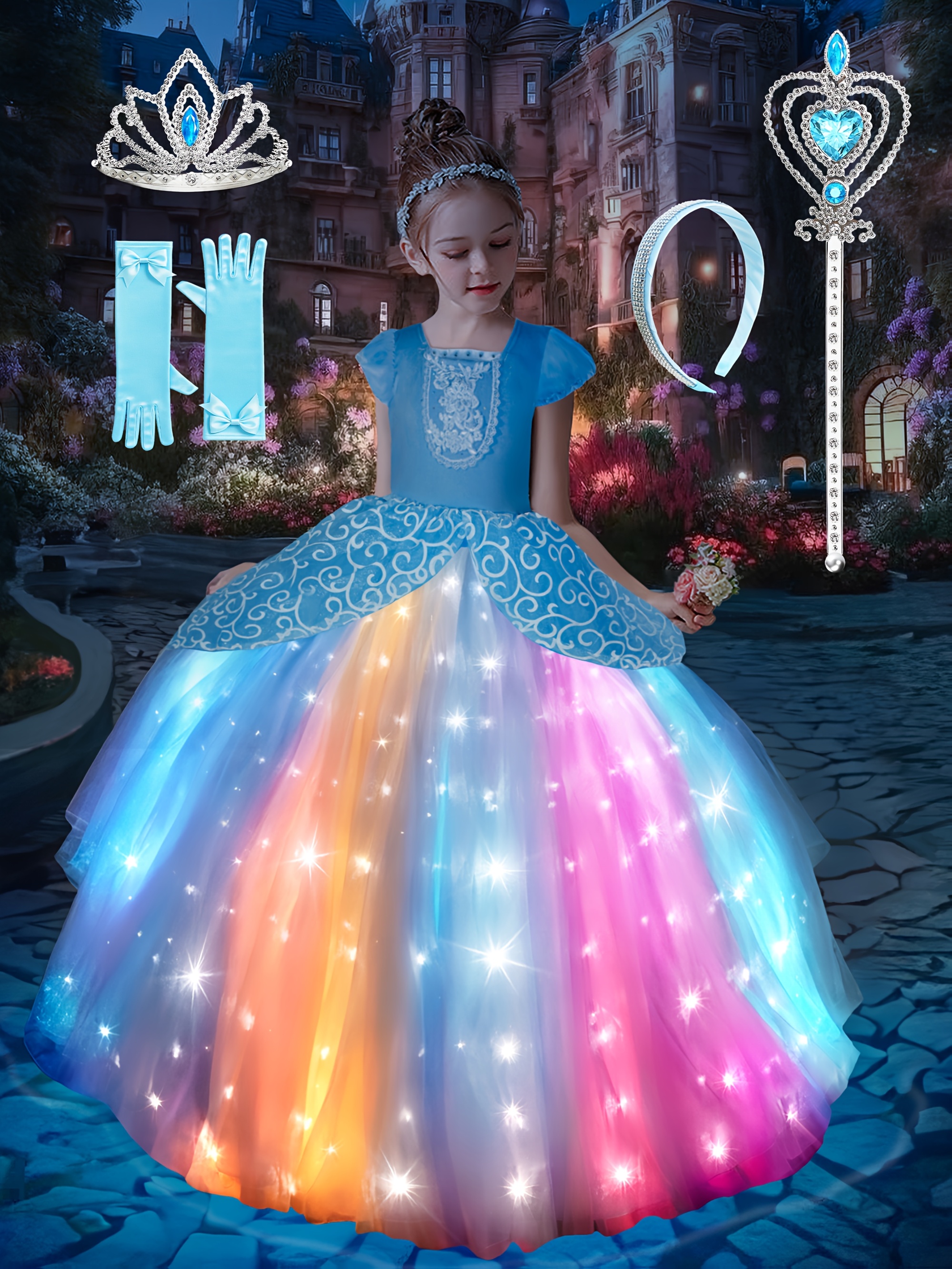   girls led princess party dress with   multi color glowing birthday halloween christmas graduation outfit non stretchy formal gown for photo shoots balls batteries not included   princess themed events princess dress photo shoot clothing decorative floral accents shimmering fabric event outfit elegant gown   material glowing outfit event attendees sky blue 0